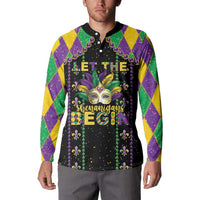 Black button-front sweatshirt with Mardi Gras mask, beads, and Let the Shenanigans Begin text