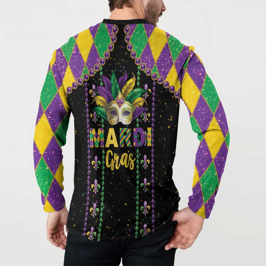 Black button-front sweatshirt back with Mardi Gras mask, beads, and MARDI Cras lettering