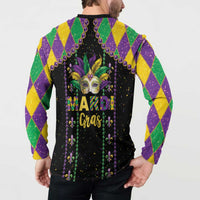 Black button-front sweatshirt back with Mardi Gras mask, beads, and MARDI Cras lettering