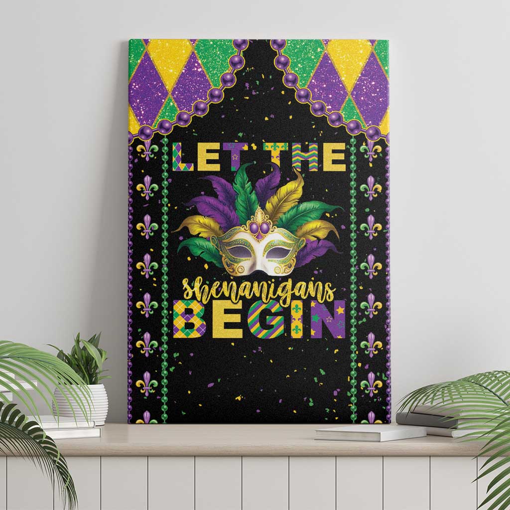 Mardi Gras canvas wall art: black design with carnival mask, green/purple beaded border, text