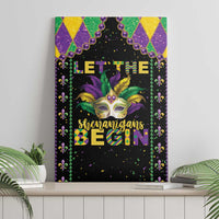 Mardi Gras canvas wall art: black design with carnival mask, green/purple beaded border, text