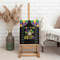 Mardi Gras canvas wall art on wooden easel: black carnival mask, purple/green beads, “Let the”