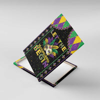 Mardi Gras canvas wall art tilted view: black mask with fleur-de-lis beading and Mardi Gras colors