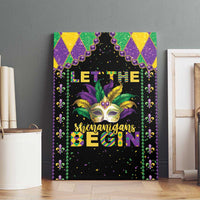 Mardi Gras canvas wall art: black with gold-green carnival mask, fleur-de-lis border, “Begin”
