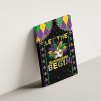 Mardi Gras canvas wall art on wall: black carnival mask, green/purple beaded frame, “Begin”