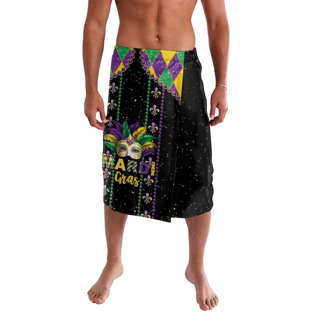 Black lava-lava shorts with Mardi Gras mask graphics and 'Mardi Gras' text