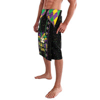 Black Mardi Gras graphic lava-lava shorts with colorful fleur-de-lis and speckle print