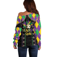 Women’s off-shoulder sweater, black with Mardi Gras graphic and multicolor diamond sleeves