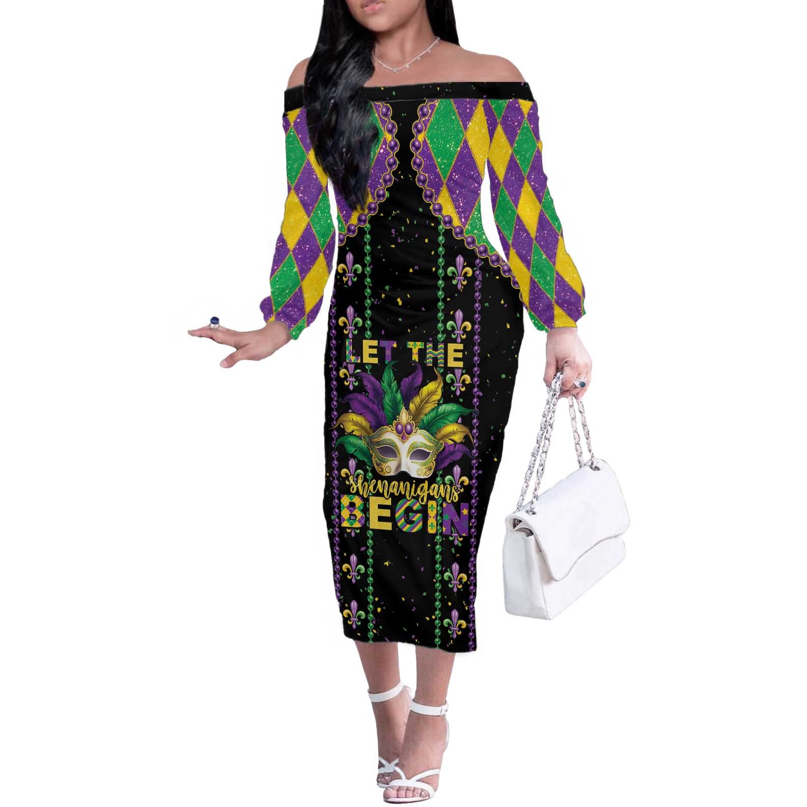 Funny Mardi Gras Off The Shoulder Long Sleeve Dress Let The Shenanigans Begin