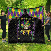 Black Mardi Gras quilt spread outdoors with colorful fleur-de-lis and “Let the Shenanigans Begin”