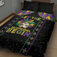 Black quilt with Mardi Gras beads and purple-green patterns, fleur-de-lis center and 'Shenanigans'