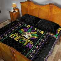 Black Mardi Gras quilt bed set with fleur-de-lis and gold 'Shenanigans' lettering, bead trim