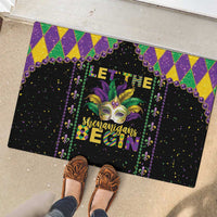 Black Mardi Gras rubber doormat with fleur-de-lis mask, purple border, 'Let the Shenanigans Begin'