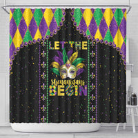 Black Mardi Gras shower curtain with Mardi Gras mask graphic, “Shenanigans” phrase, and purple beads