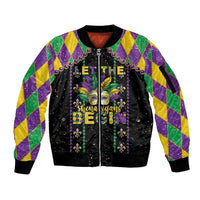 Unisex black zip bomber jacket with Mardi Gras mask graphic and purple-gold-green sleeves