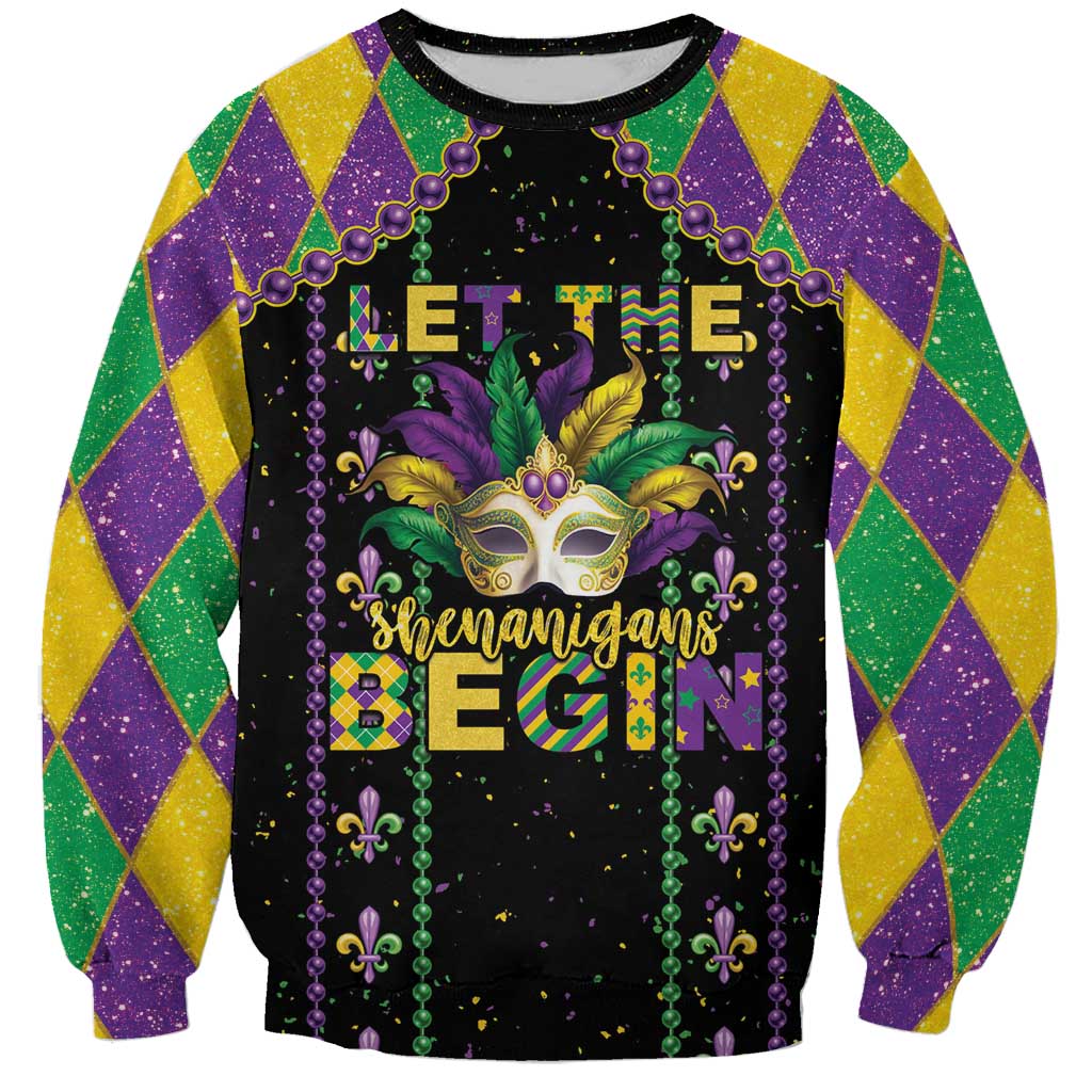 Black unisex sweatshirt with Mardi Gras mask, purple bead details, diamond-color sleeves