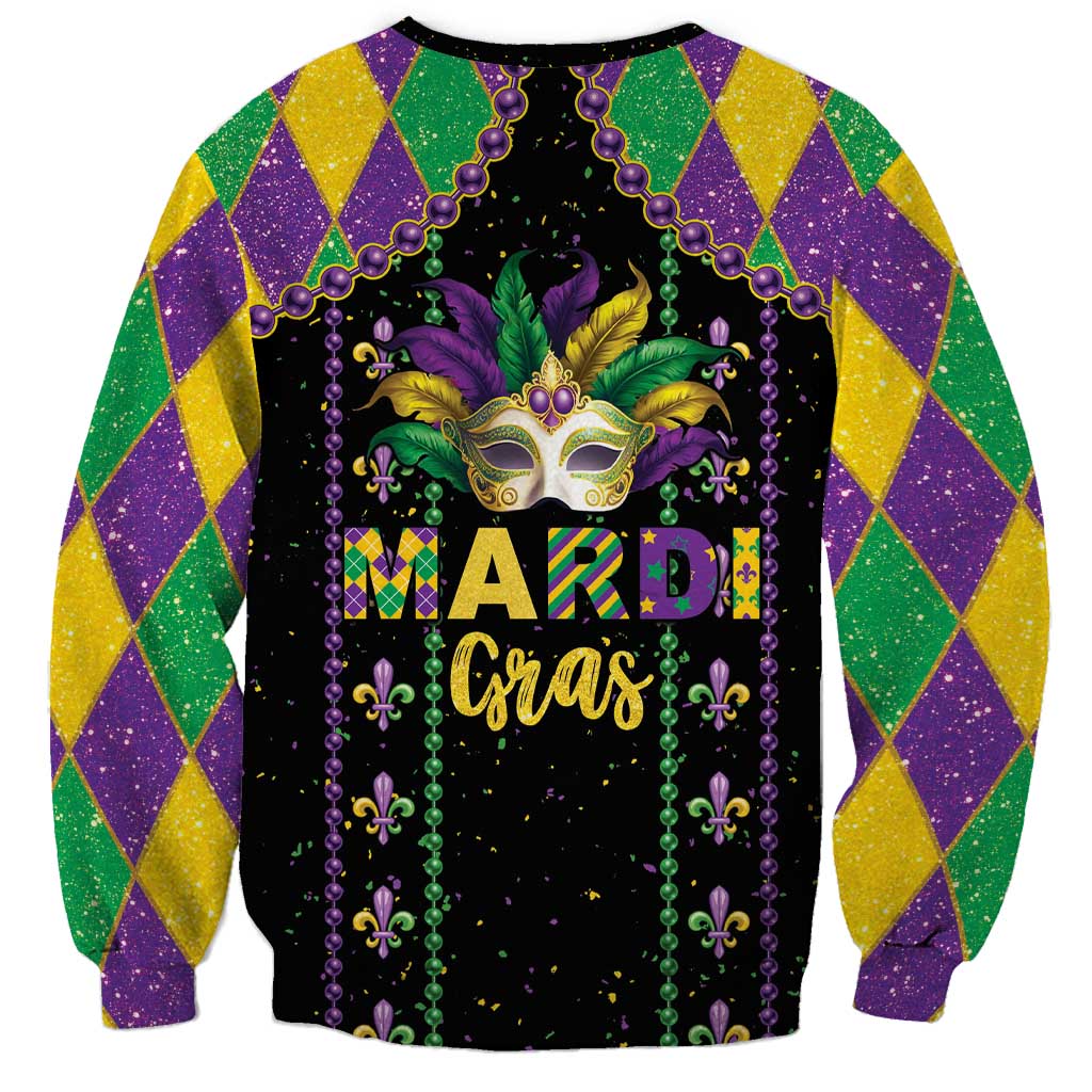 Black unisex sweatshirt with Mardi Gras mask and colorful 'Mardi Gras' front lettering