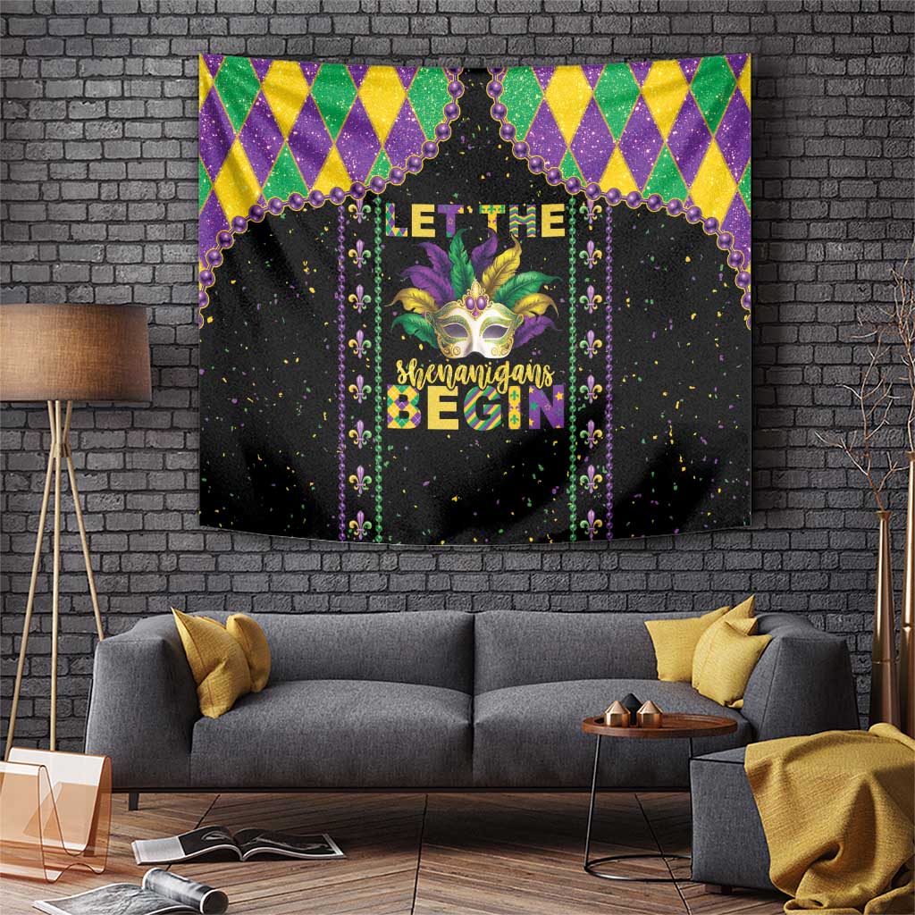 Black Mardi Gras tapestry with purple-green-yellow harlequin top border, mask graphic, bead lines.