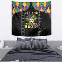 Black Mardi Gras wall tapestry with harlequin arches, colorful Mardi Gras mask, hanging bead dots.