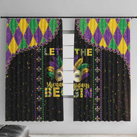 Black Mardi Gras window curtains with fleur-de-lis bead pattern and 'Let the Shenanigans Begin' text