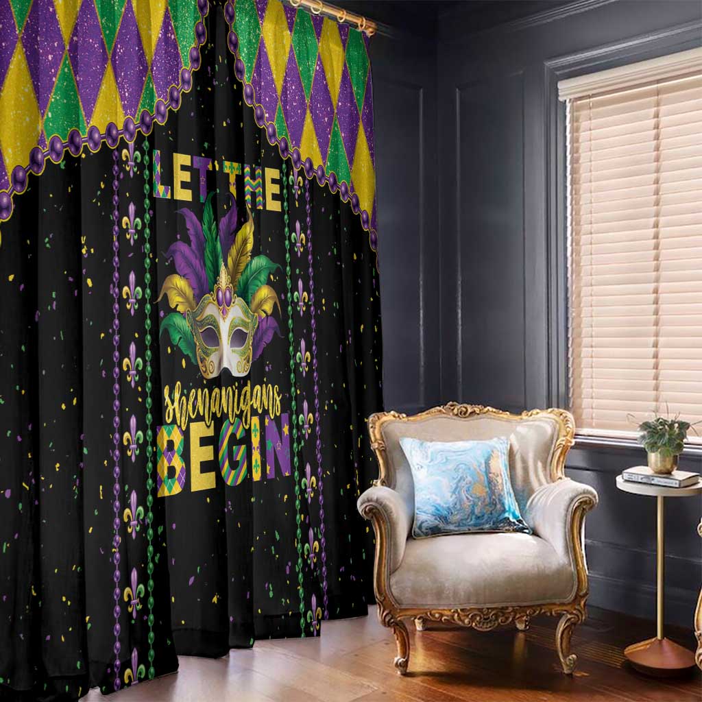 Black Mardi Gras window curtain with fleur-de-lis and masked face graphic, multicolor text