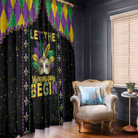 Black Mardi Gras window curtain with fleur-de-lis and masked face graphic, multicolor text