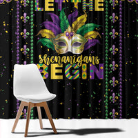 Black Mardi Gras window curtain panel with colorful fleur-de-lis dots and 'Shenanigans Begin'