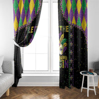 Black Mardi Gras window curtain with multicolor diamond top border and masked face artwork
