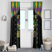 Black Mardi Gras window curtains with masked face graphic, purple and gold diamond border