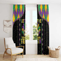 Black Mardi Gras window curtains with masked face artwork and multicolor fleur-de-lis details