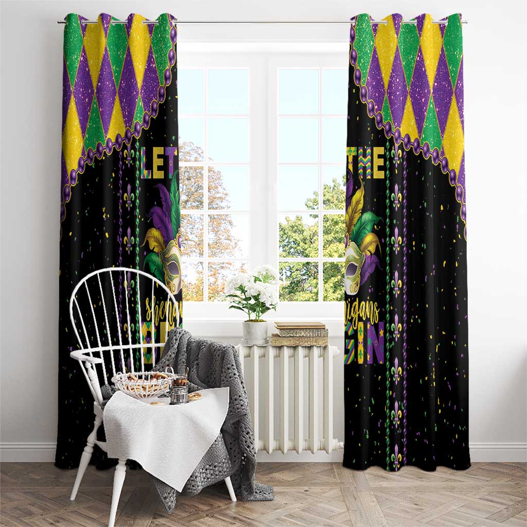 Black Mardi Gras window curtain pair with purple, green, and gold diamond top border