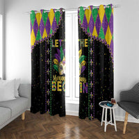 Black Mardi Gras window curtains with bright purple, green, and gold diamond pattern top