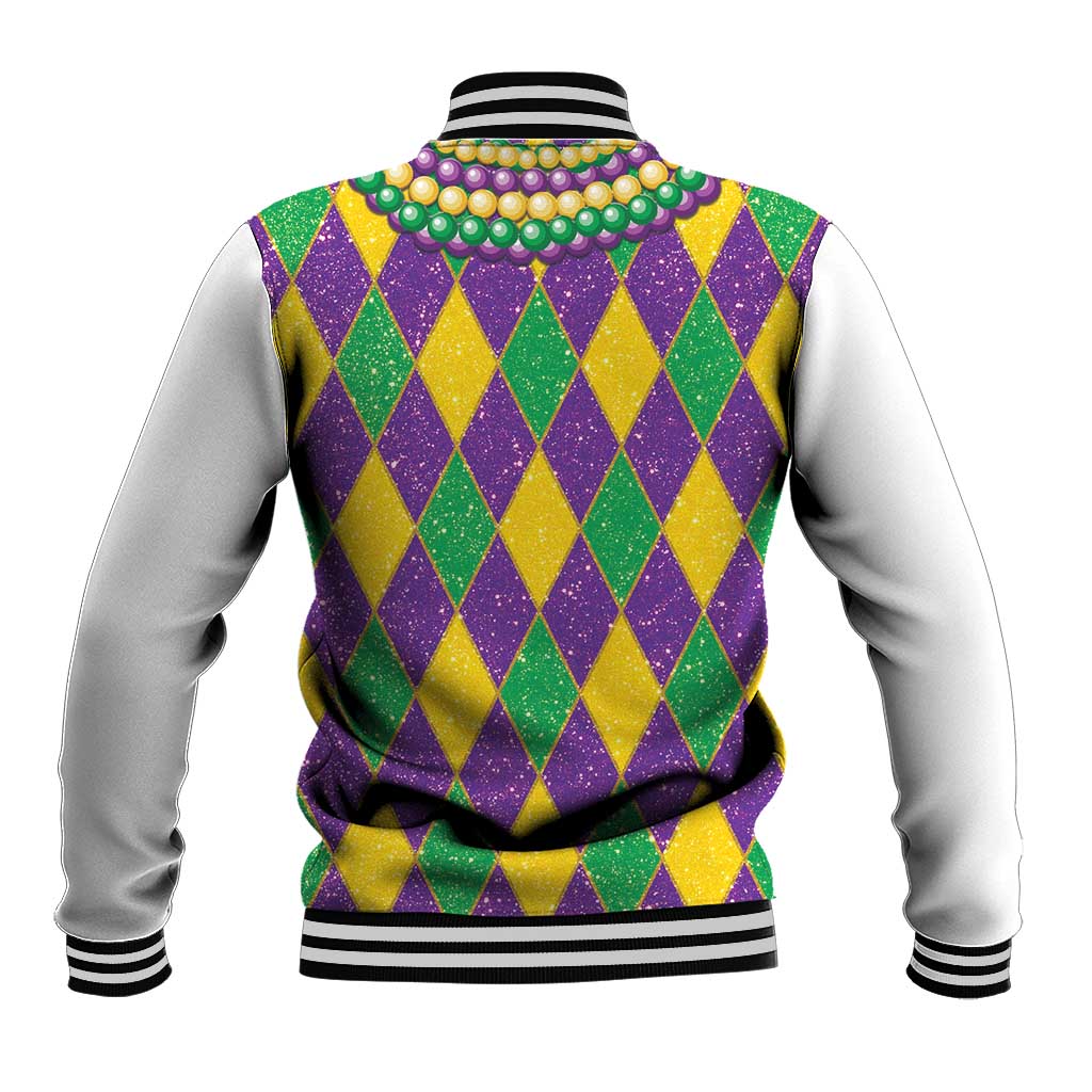 Back view: colorful glitter baseball jacket with diamond pattern and bead-like trim
