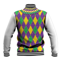 Back view: colorful glitter baseball jacket with diamond pattern and bead-like trim