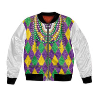 Colorful Mardi Gras bomber jacket with diamond pattern, bead trim, and black ribbed cuffs