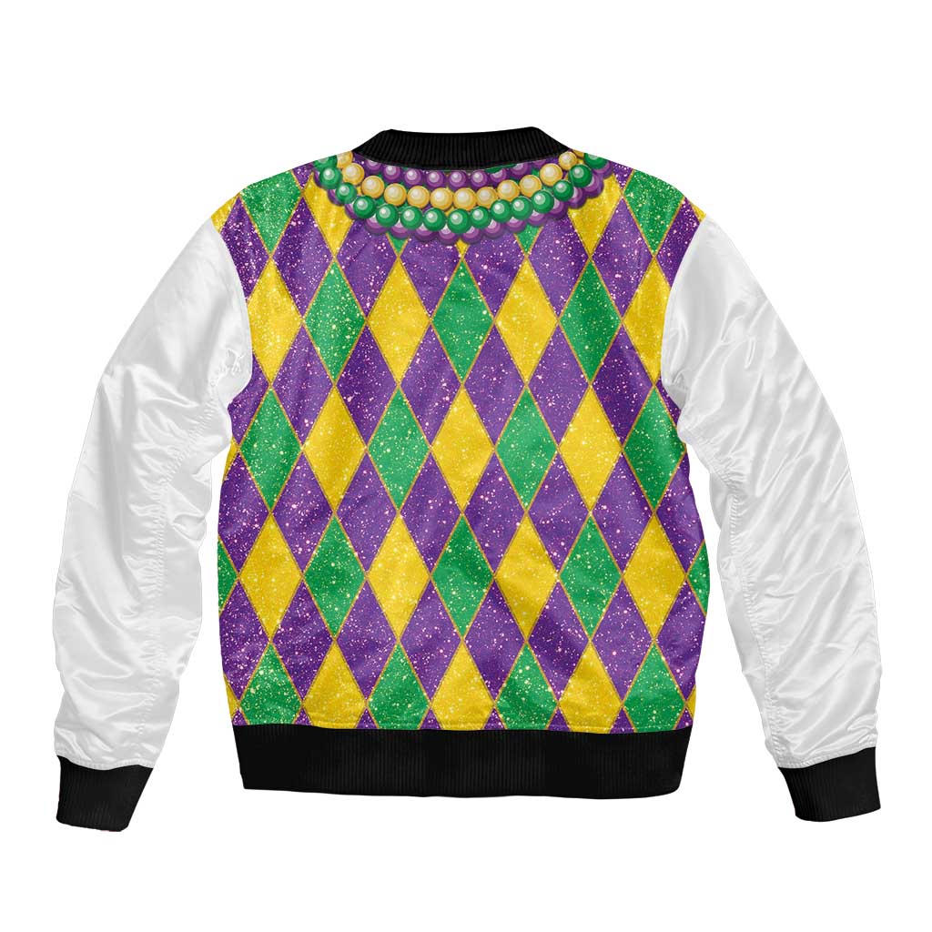 Colorful Mardi Gras bomber jacket back with purple green yellow diamond pattern, black hem cuffs