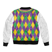 Colorful Mardi Gras bomber jacket back with purple green yellow diamond pattern, black hem cuffs