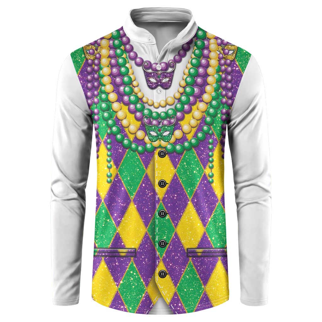 Mardi Gras button sweatshirt with white sleeves, purple green yellow argyle vest print