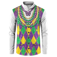 Mardi Gras button sweatshirt with white sleeves, purple green yellow argyle vest print
