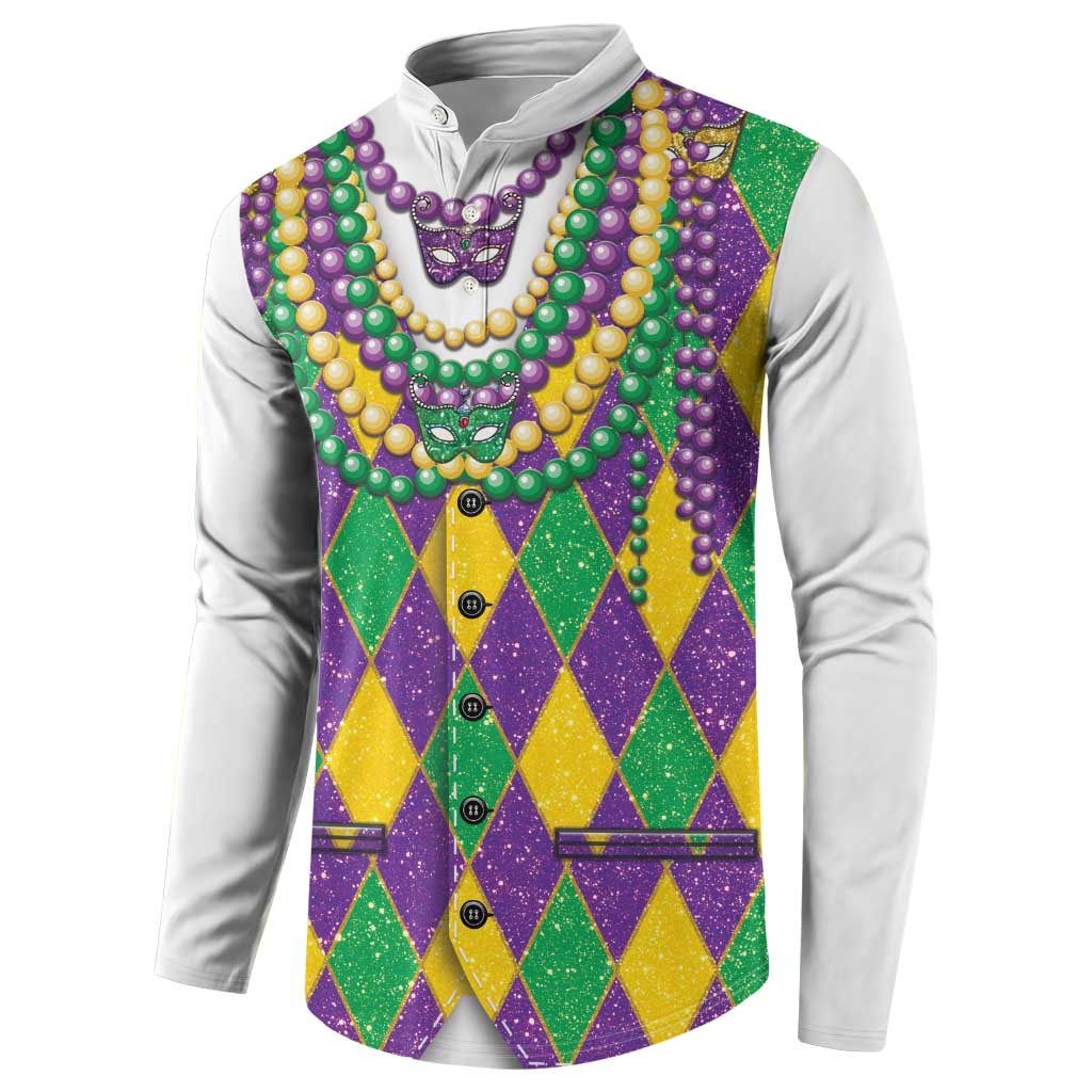Mardi Gras button sweatshirt, white sleeves, glitter bead garlands over argyle vest
