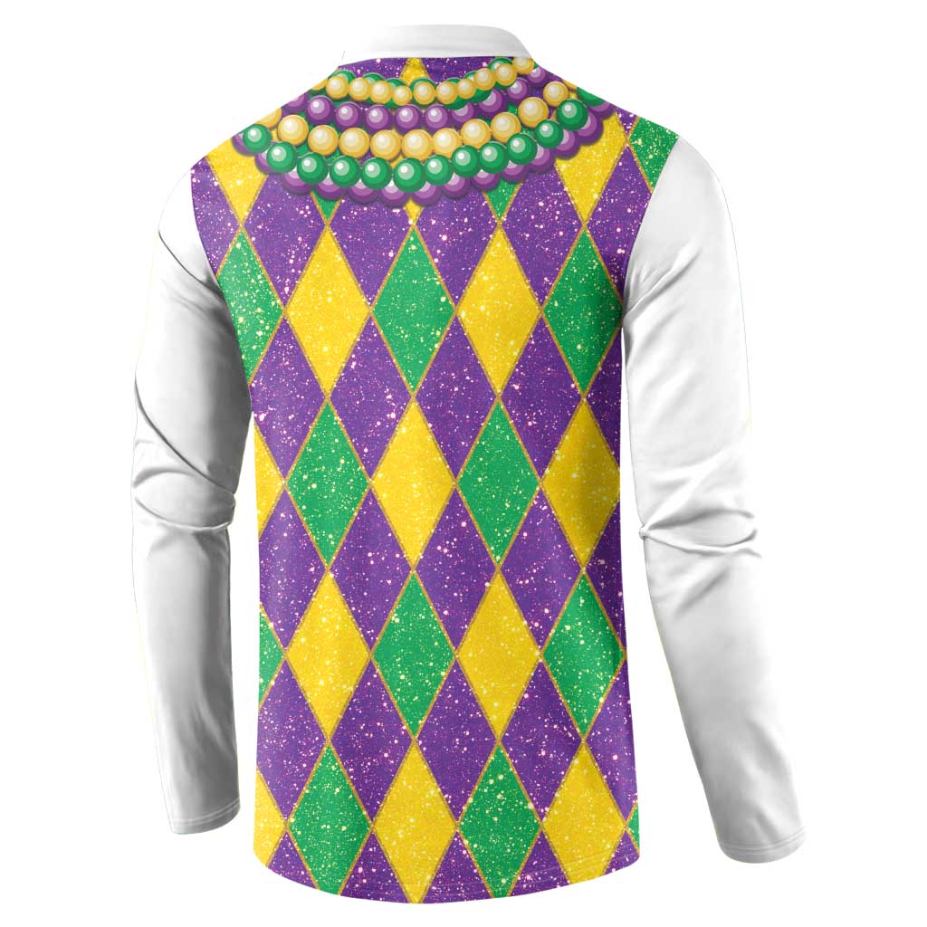 Mardi Gras button sweatshirt, white sleeves, back argyle diamond pattern in purple green yellow