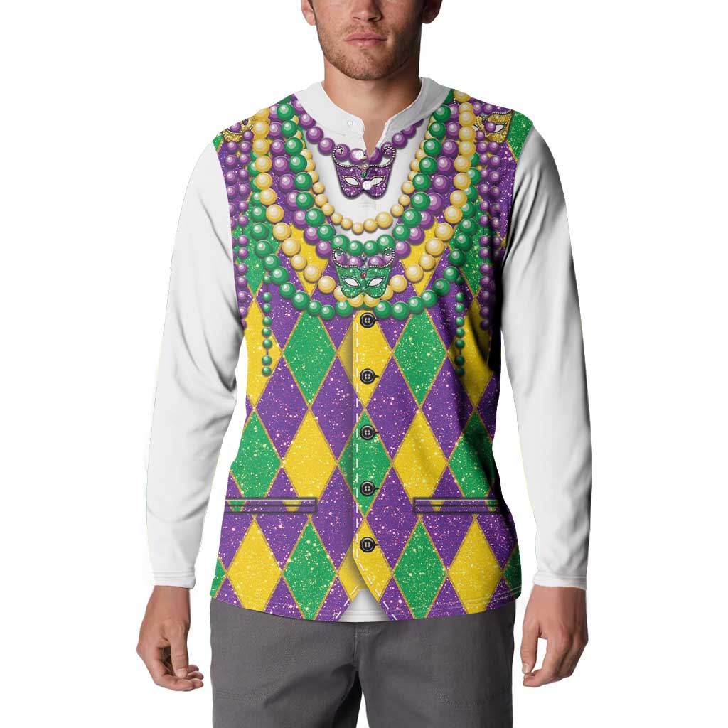 Mardi Gras button sweatshirt with white sleeves and colorful argyle vest front print