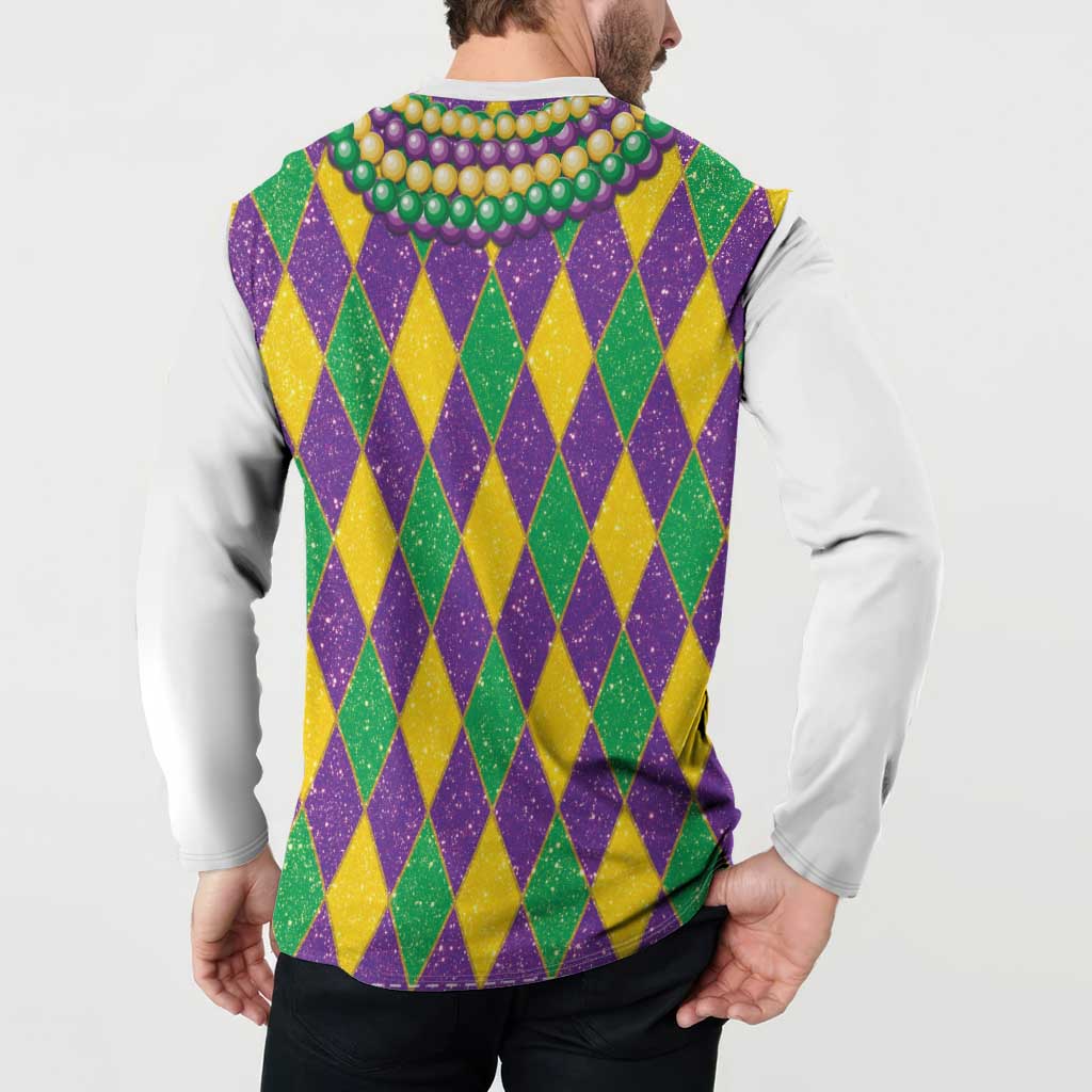 Mardi Gras button sweatshirt with white sleeves and back argyle diamond pattern