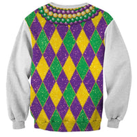 Glitter graphic sweatshirt with purple, green, and yellow diamond argyle pattern back