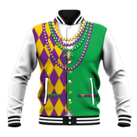 Mardi Gras baseball jacket with green front, purple/gold diamond panel, bead drape, snap buttons