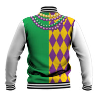 Mardi Gras baseball jacket back with green body, purple/gold diamond patch, striped collar cuffs