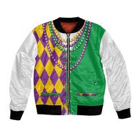 Unisex Mardi Gras bomber jacket, zip front, green body, diamond purple/yellow, bead trim