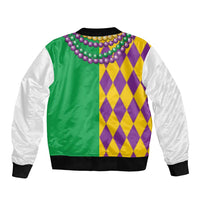 Unisex Mardi Gras bomber jacket, green back, diamond purple-yellow, bead necklace graphic