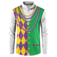 Colorful Mardi Gras button sweatshirt with white sleeves and bead necklace graphic