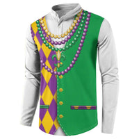 Colorful Mardi Gras button sweatshirt vest with purple bead trim and harlequin panel